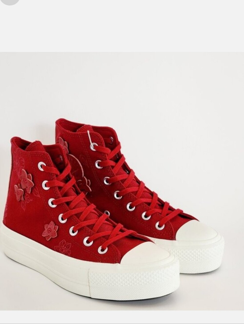 Converse Red High-Top Canvas Sneakers with Floral Appliqué